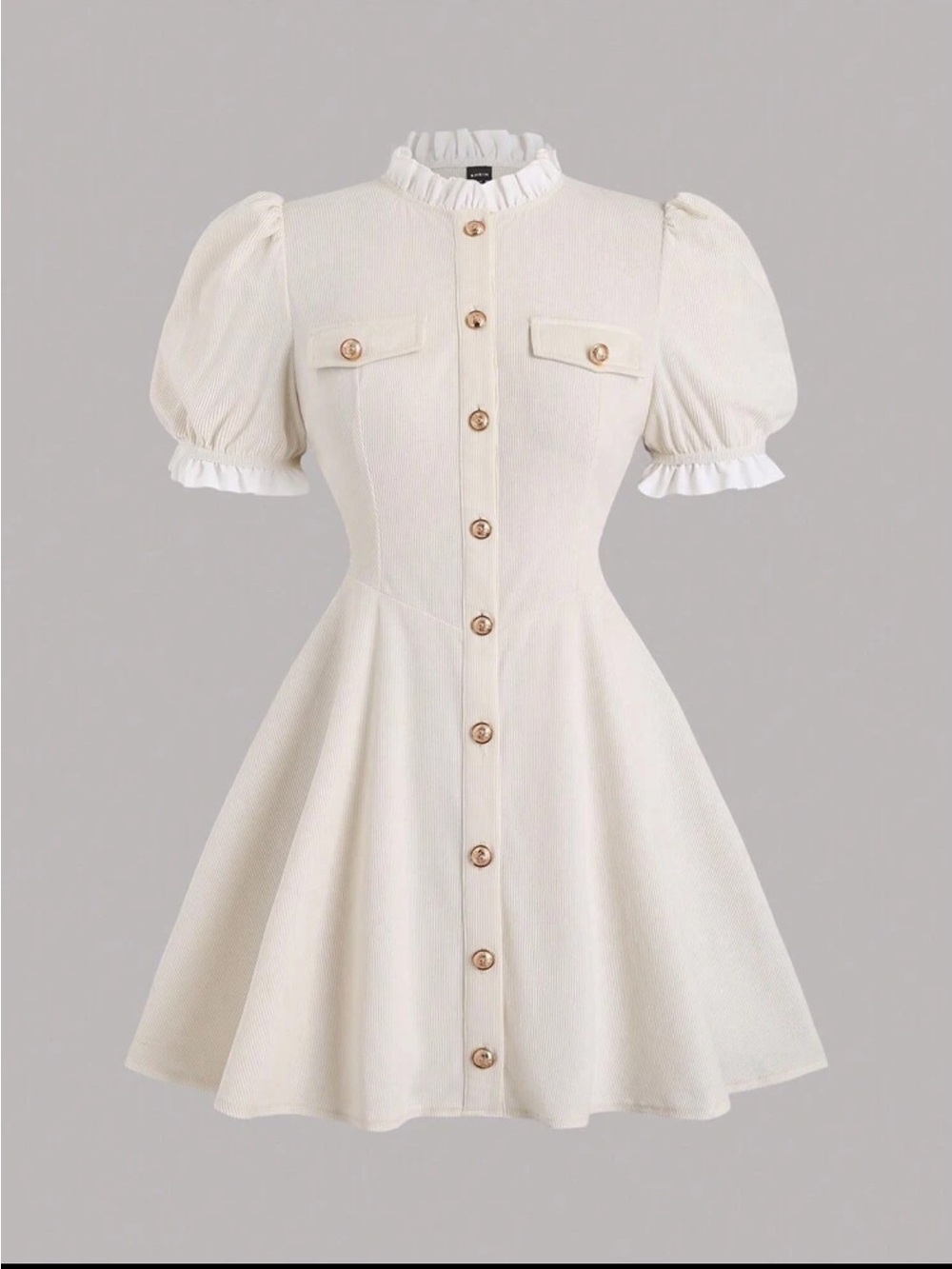 SHEIN Cream Ruffled Collar Puff Sleeve Button-Front Mini Dress